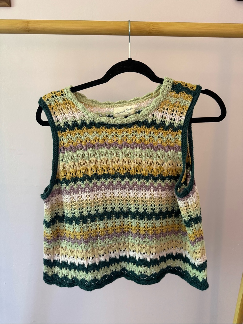 Universal Thread Striped Crochet Tank in Sage, Mustard & Teal